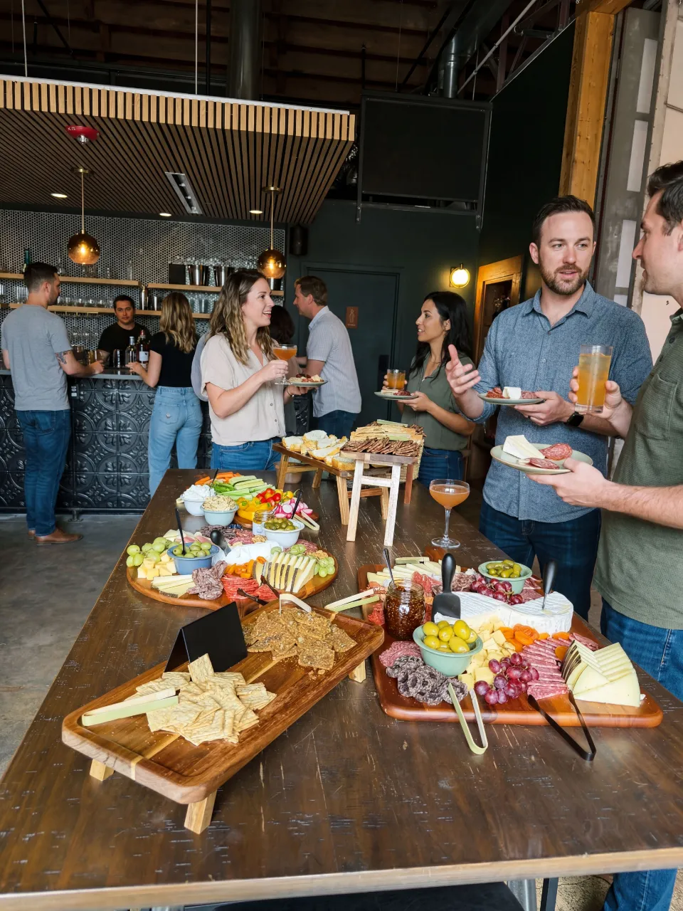Guests grazing at a Board & Bramble charcuterie spread in a Denver taproom