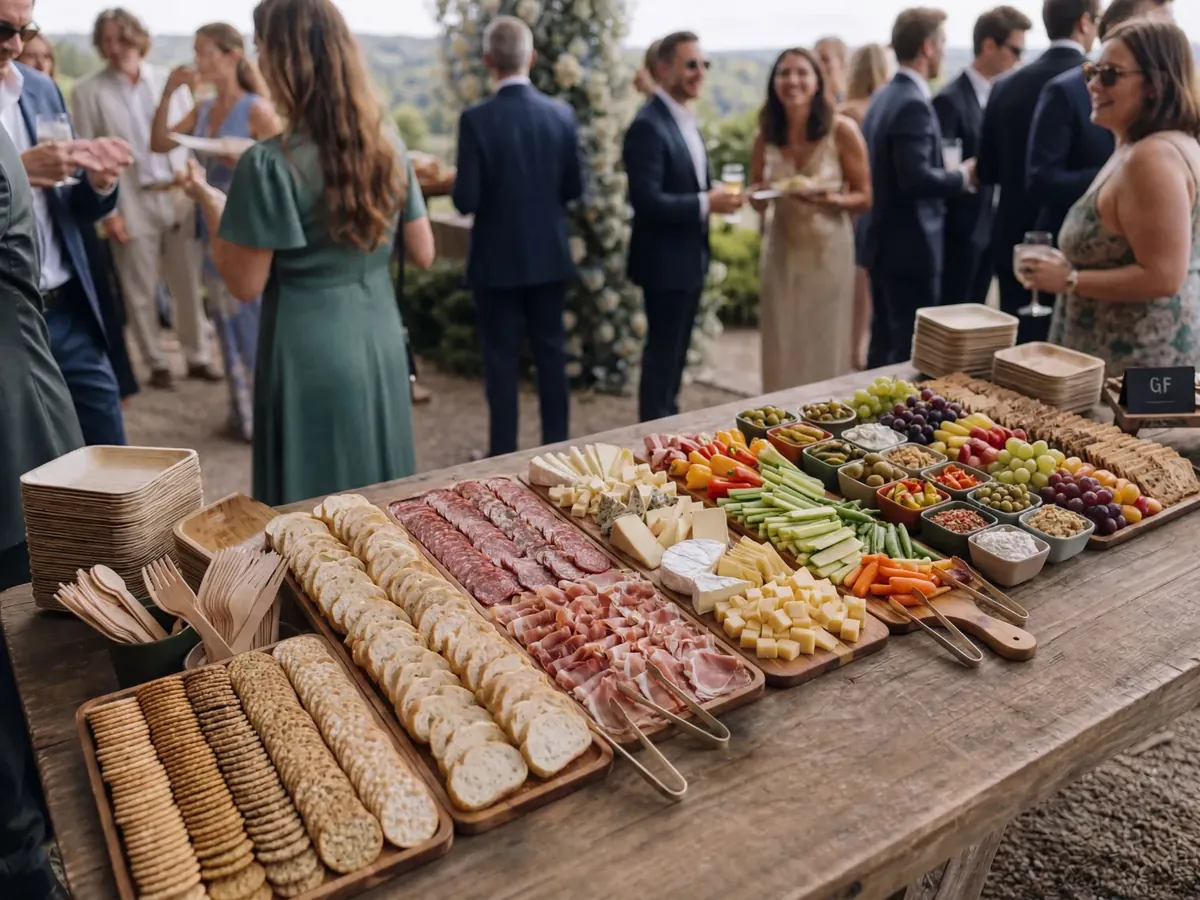 Long wedding grazing table with cheeses, cured meats, and crudités on the Front Range