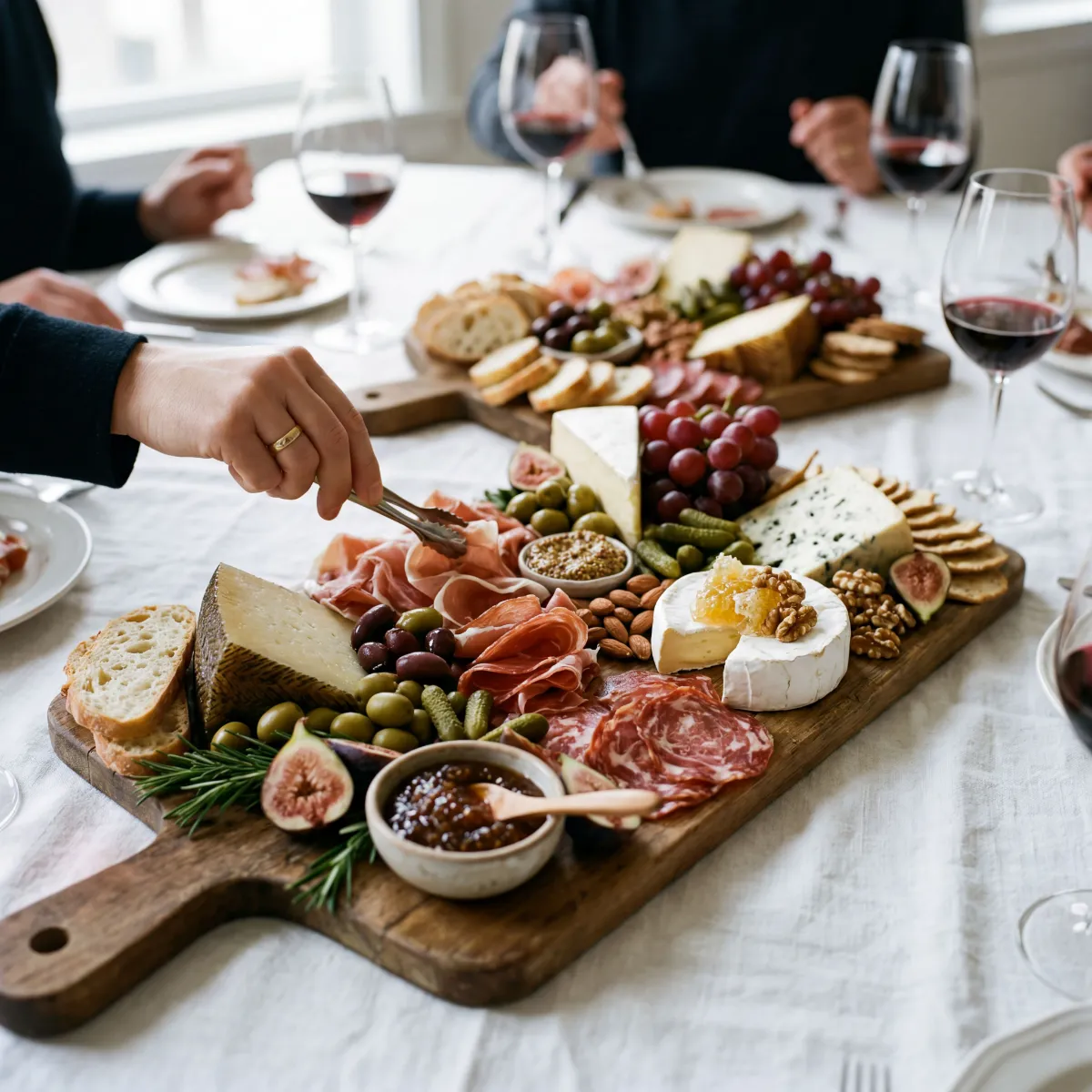 Charcuterie board with cheeses, cured meats, figs, and honeycomb on a dinner table